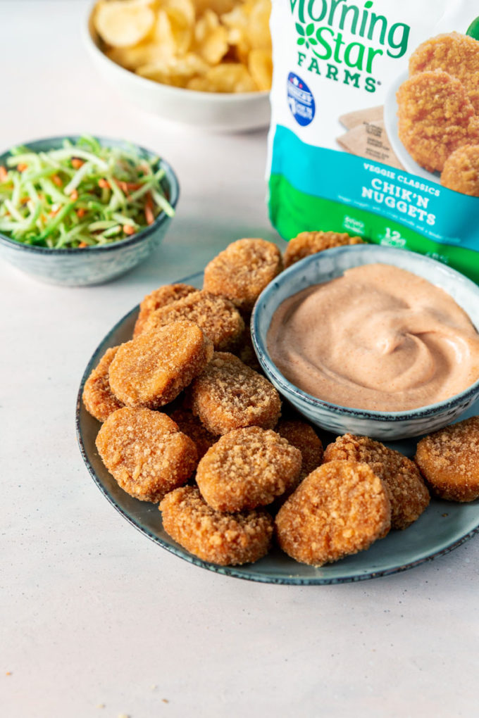 Plant based chicken nuggets, with a fantastic dipping sauce