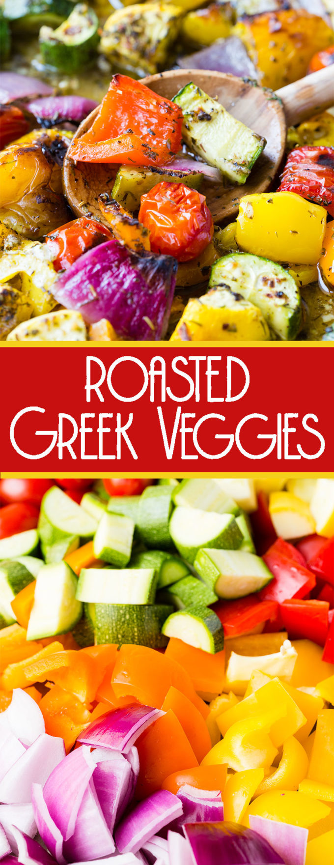 Sheet pan full of roasted greek veggies, so flavorful and delicious. The perfect side dish. 