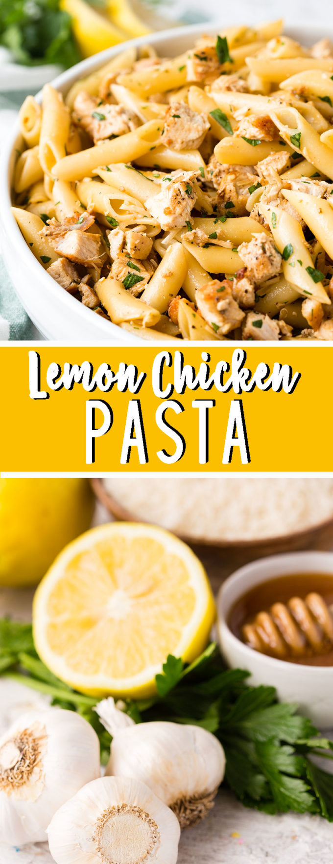 Delicious lemon chicken pasta, full of lemony chicken, fresh herbs, and more. Yum!