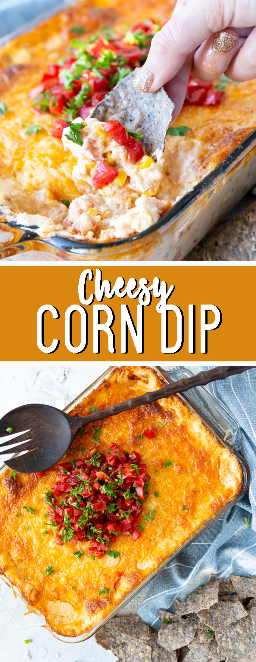 Cheesy corn dip: creamy, cheesy, and delicious with sweet corn, and topped with fresh tomatoes. This is such a good appetizer. 