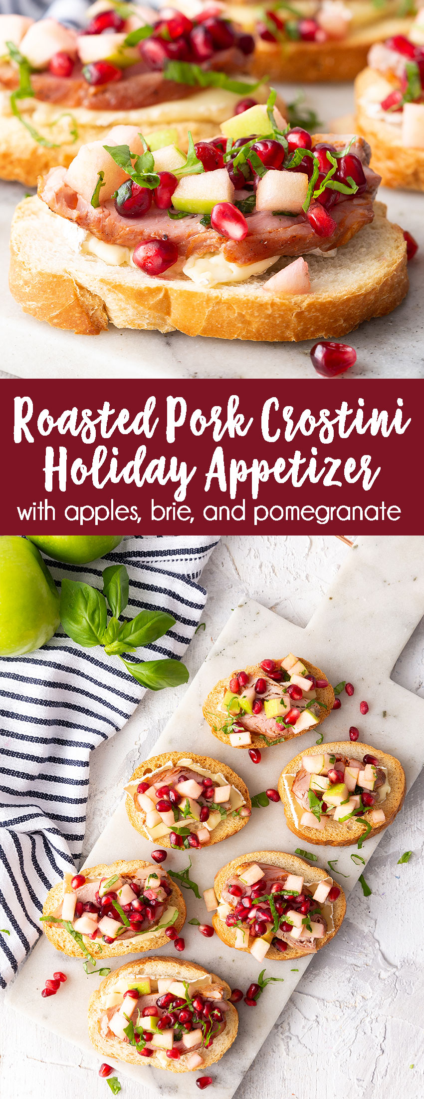 Roasted Pork Crostini Holiday Appetizer with green apple, pomegranate, and brie