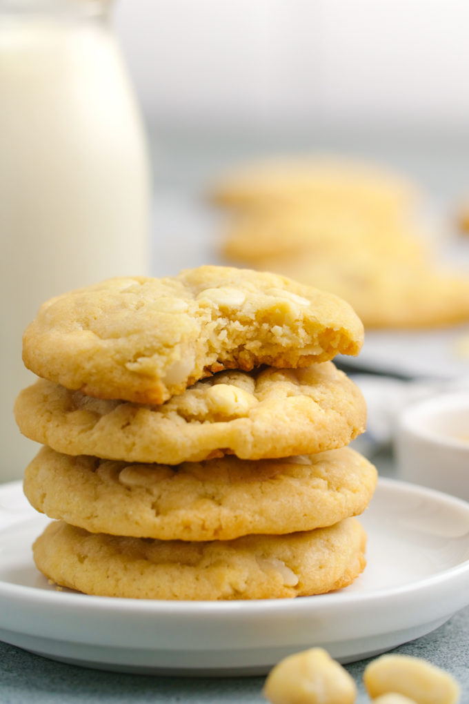 White chocolate macadamia cookies baked to crispy, chewy perfection