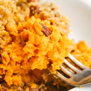 Sweet potato casserole close up on a fork