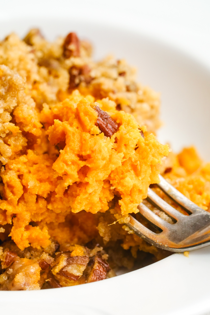 Sweet potato casserole close up on a fork