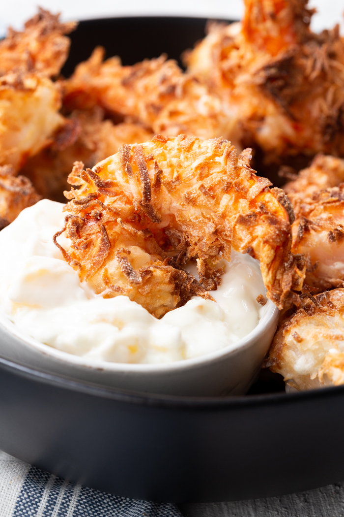 Air fryer coconut shrimp- the crispy coconut shrimp that is like you deep fried it, but without the extra oil and calories. 