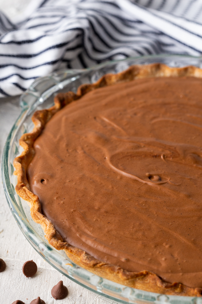 A delicious chocolate pie, creamy, silky, and rich