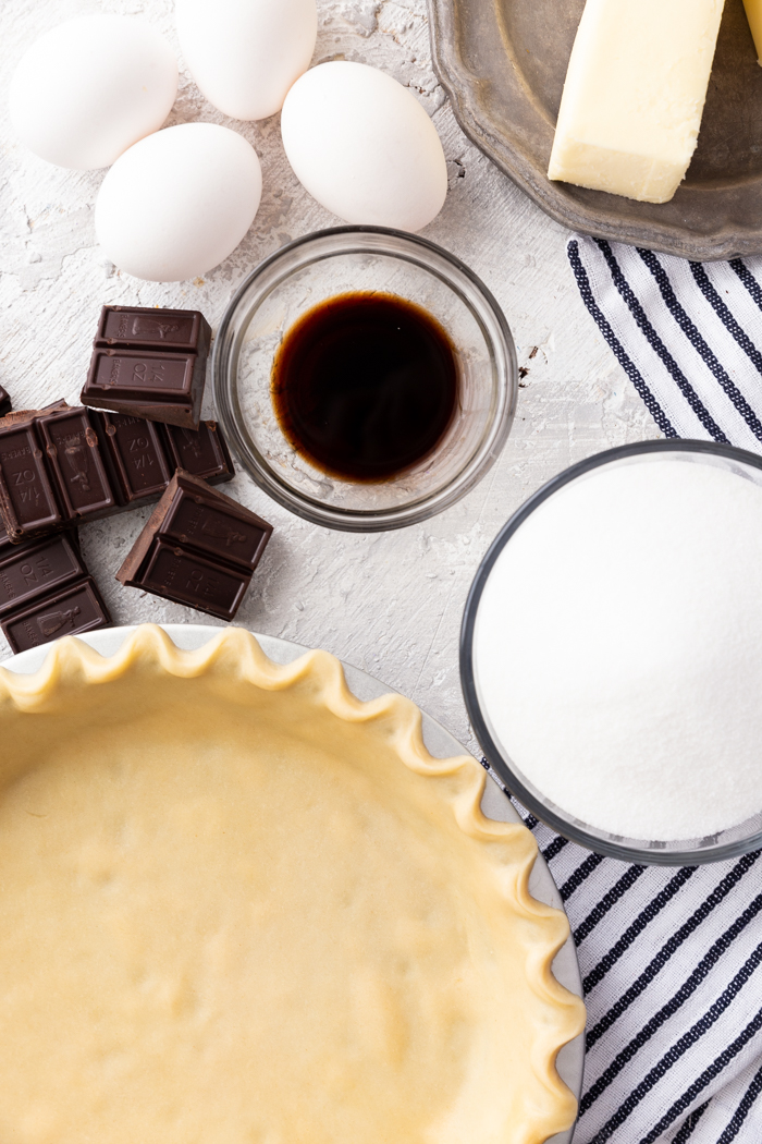 A delicious chocolate pie recipe with a crust, chocolate, and more. 