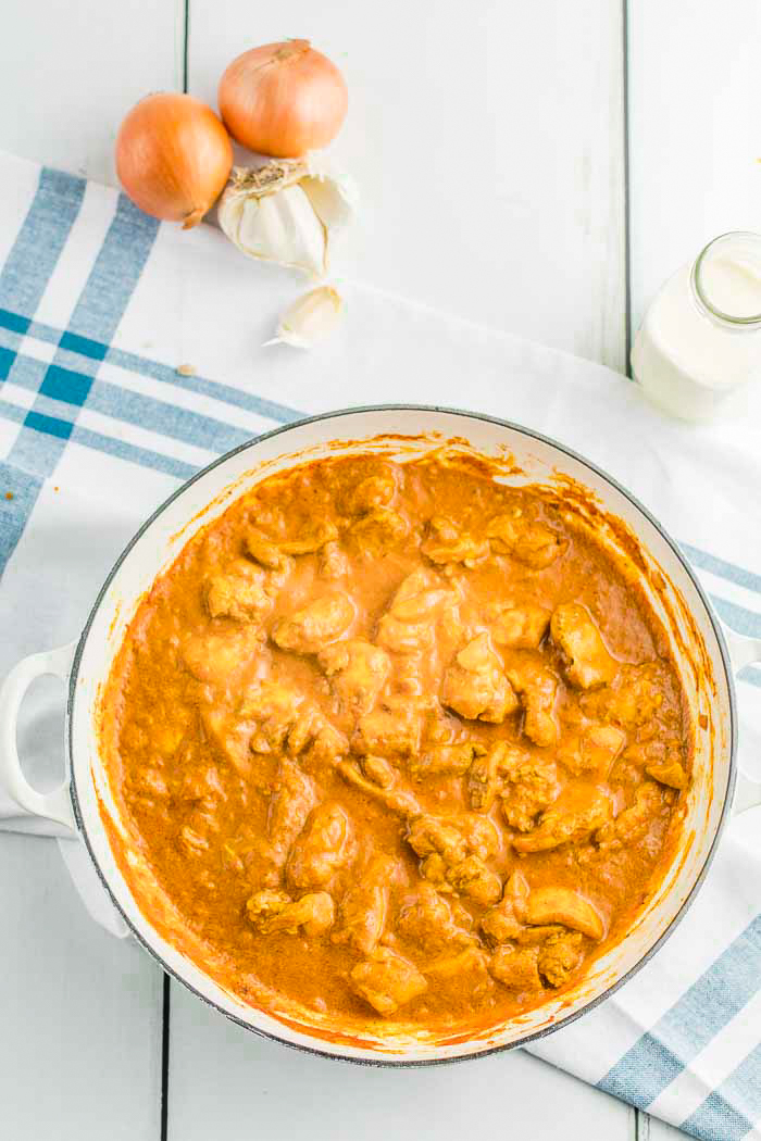 Indian Butter Chicken, low carb and keto friendly, simmering with spices and tomato