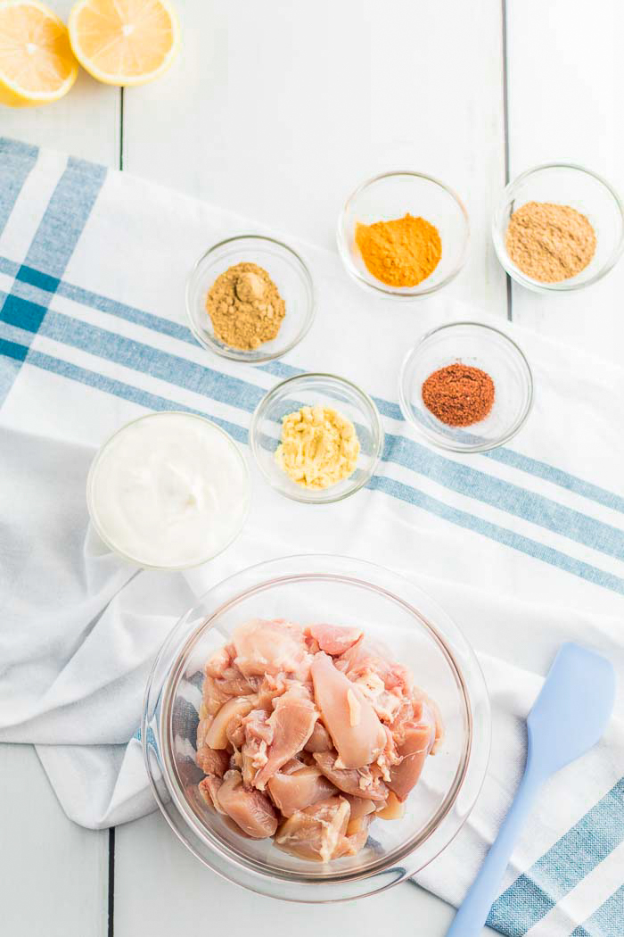 Chicken thighs and spices, the makings of butter chicken