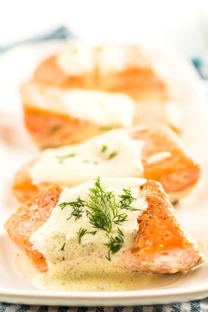 Keto friendly, salmon recipe with a creamy lemon dill sauce