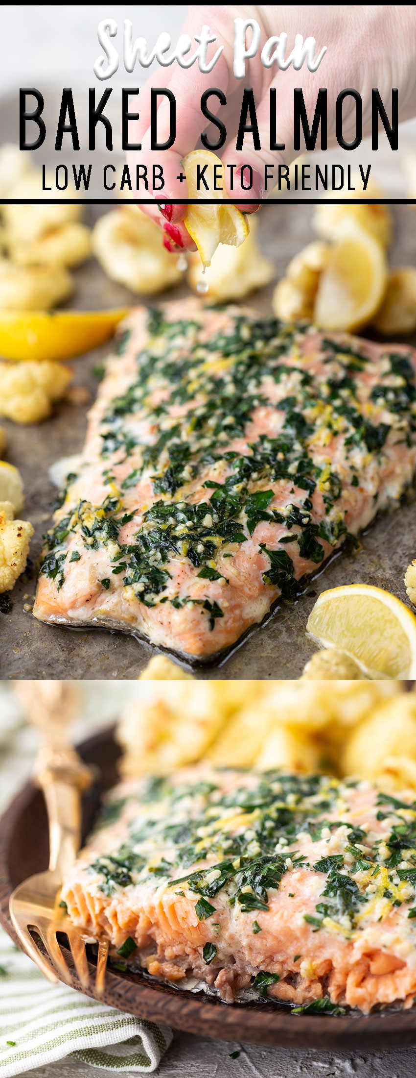 Sheet pan baked salmon with lemon and parsley.