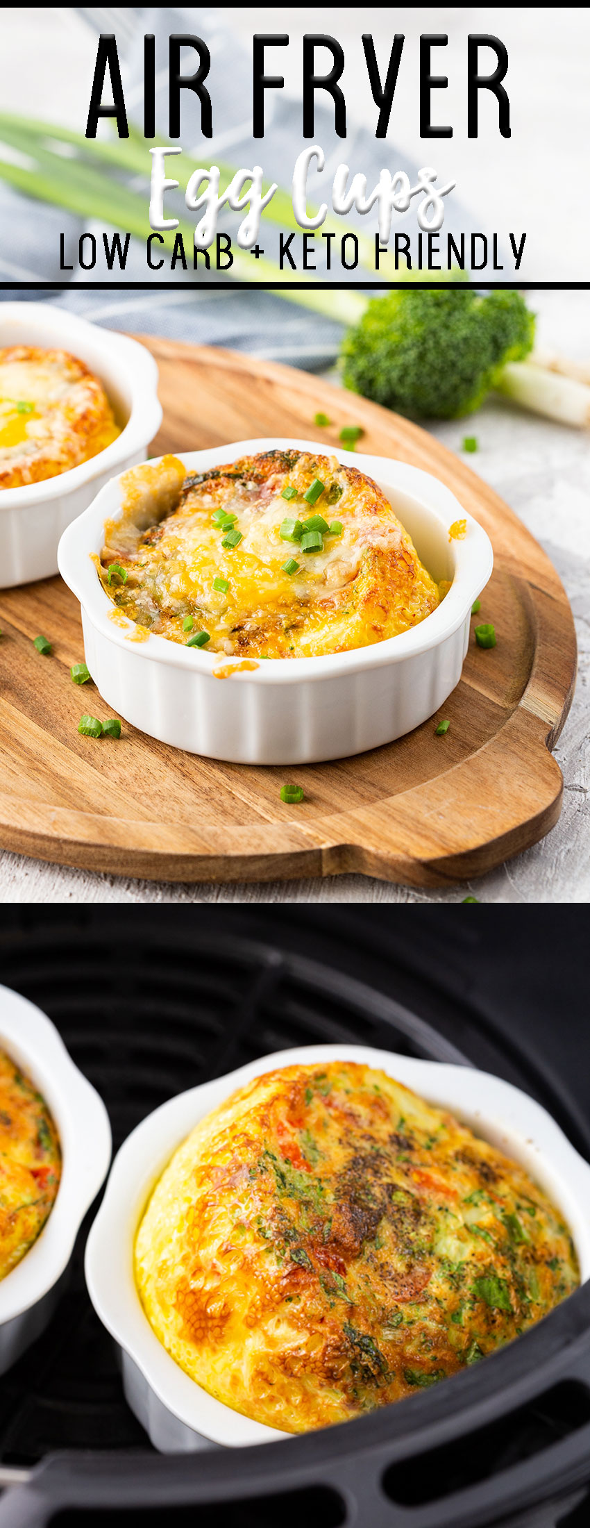 Air fryer egg cups with mixed vegetables and plenty of cheese. 