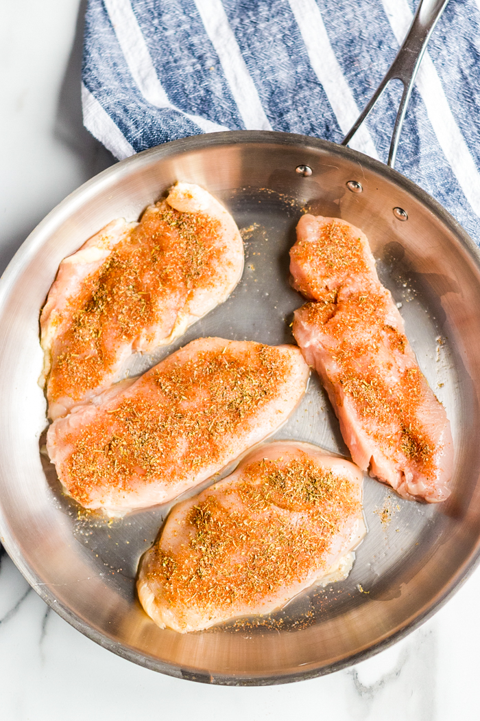 Creamy lemon chicken- season chicken and sear in a pan