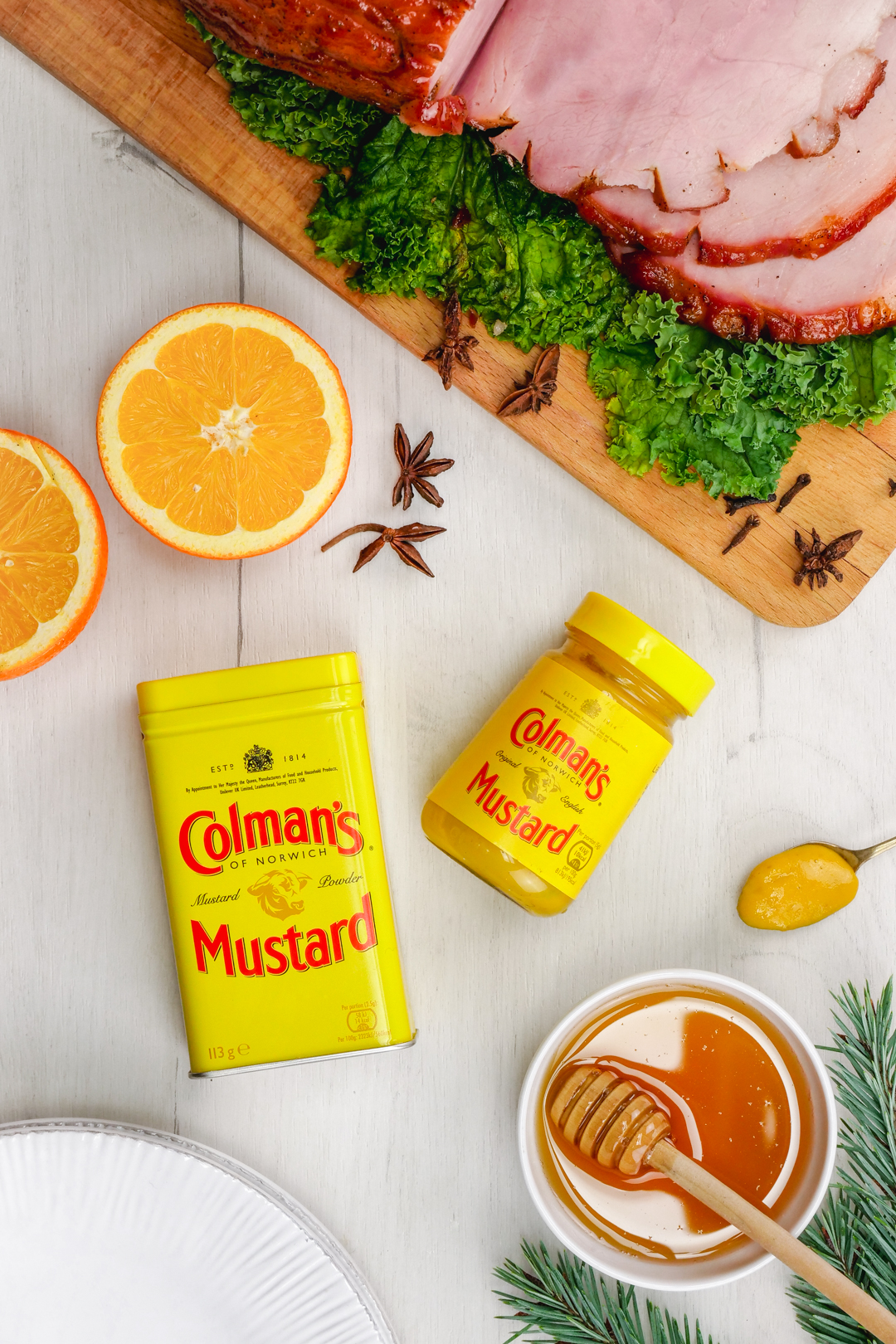 Colman's mustard and some holiday goodies and honey baked ham recipe