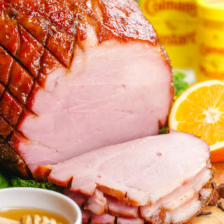 Honey baked ham, with a sweet and spicy glaze.