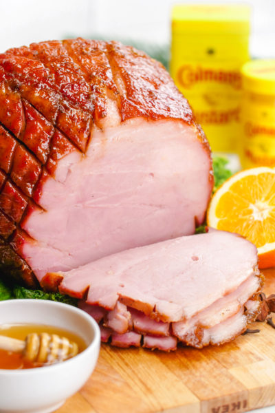 Honey baked ham, with a sweet and spicy glaze.