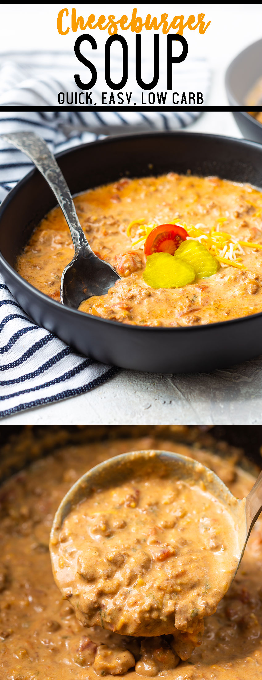 A rich, cheesy, beef soup that uses ground beef and all your favorite cheeseburger ingredients. Low carb and keto diet friendly. 