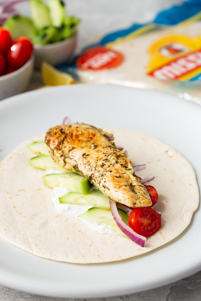 Greek Chicken Wraps with the chicken added