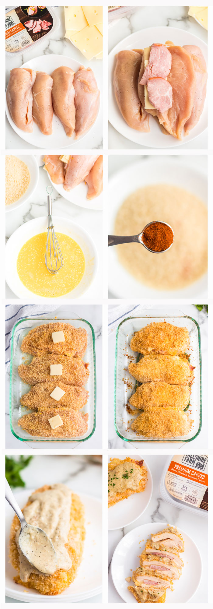 A series of process shots for how to make chicken cordon bleu, from creating the egg mixture and dredge to baking with butter on top
