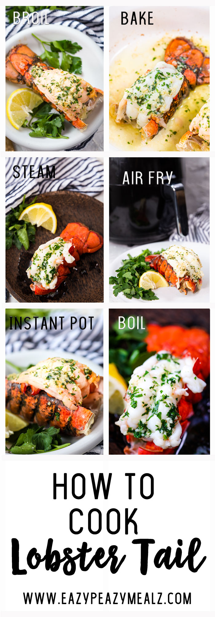 A complete breakdown of the different ways you can cook lobster tail at home, baking it, broiling it, air frying it, instant pot or pressure cooking it, steaming lobster and more.
