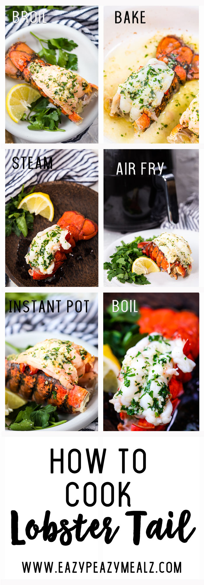 A complete breakdown of the different ways you can cook lobster tail at home, baking it, broiling it, air frying it, instant pot or pressure cooking it, steaming lobster and more. 