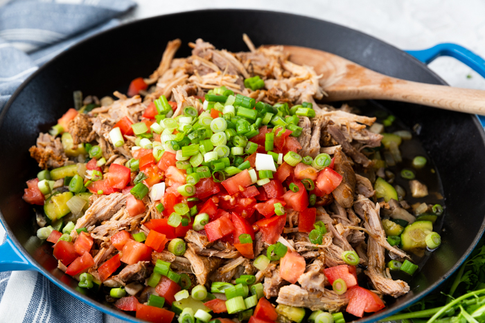 Pork stuffed peppers filling in a skillet