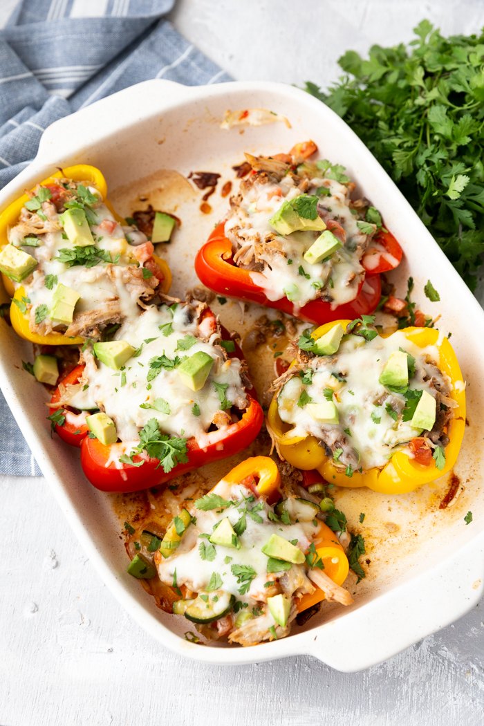 A baking dish stuffed with sweet and smokey pork