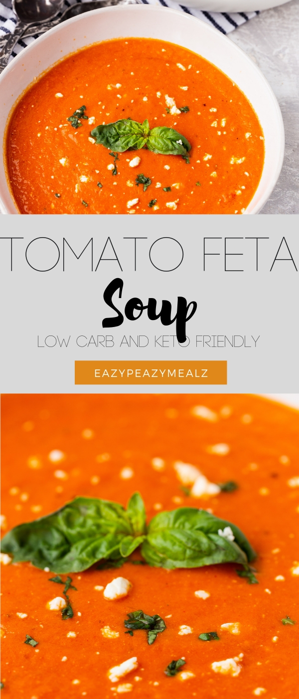 Low carb or keto tomato soup with feta cheese and basil