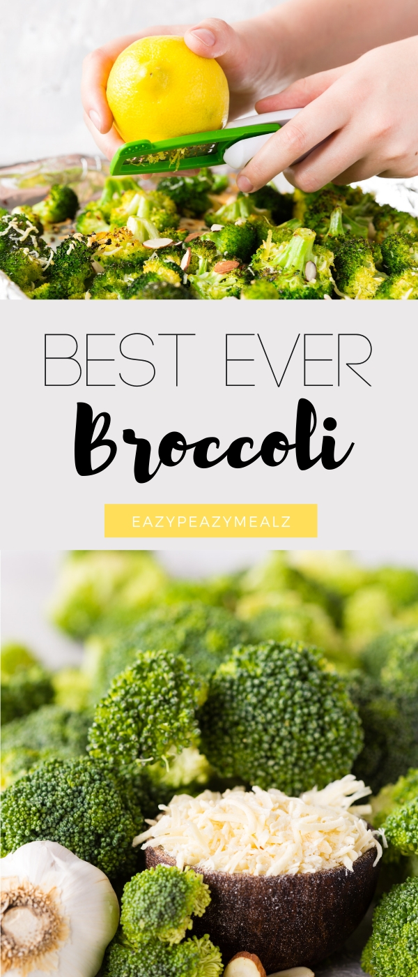 A delicious broccoli roasted in the oven with lemon and parmesan