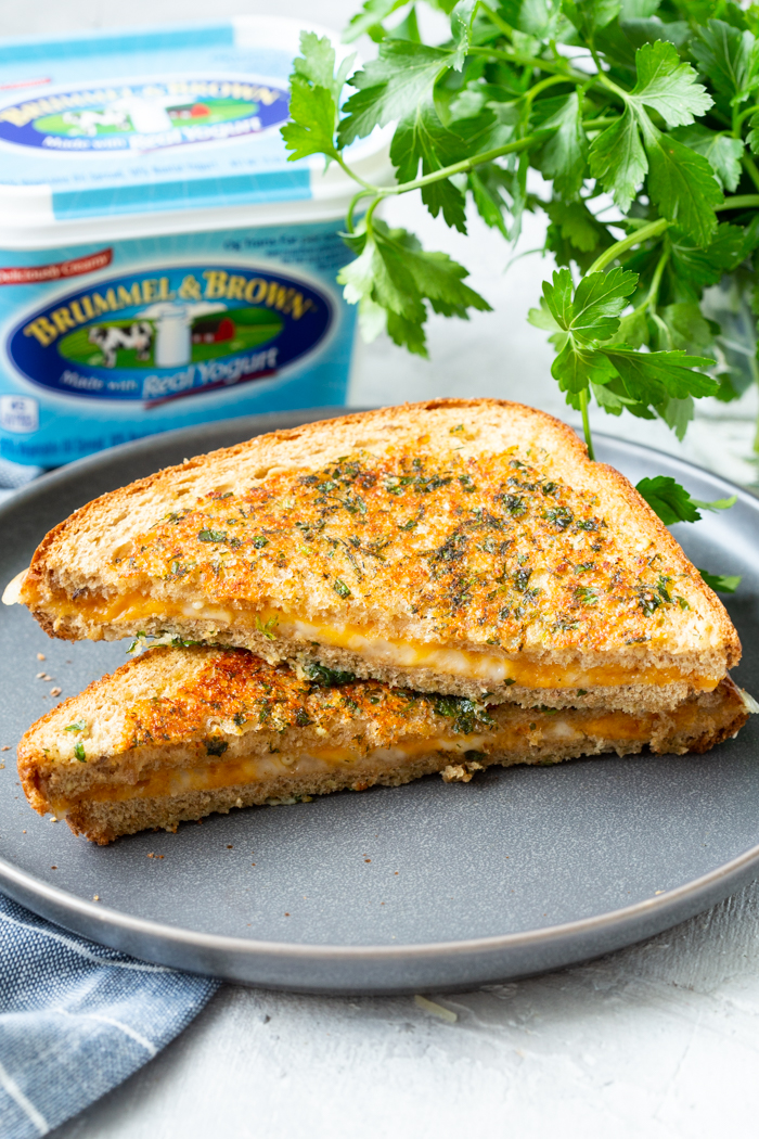 A grilled cheese sandwich, cut in half and placed on a gray plate. 