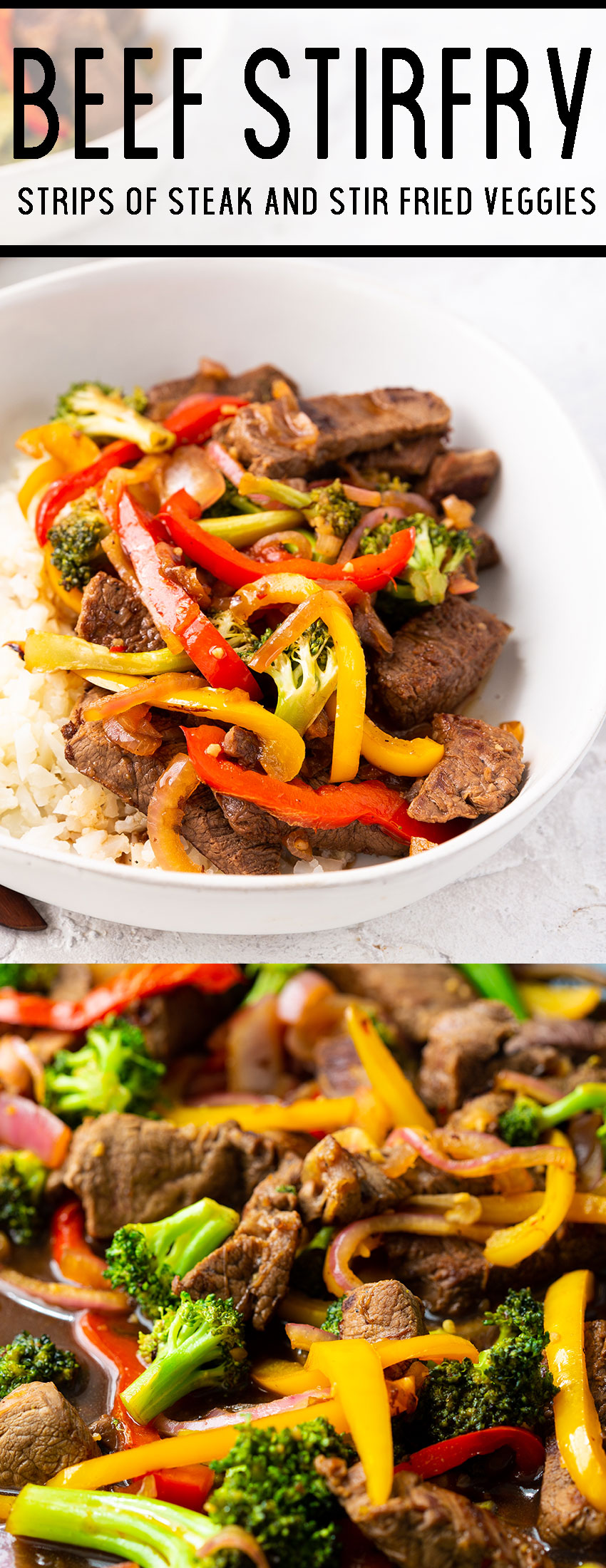 Beef stir fry in a skillet and in a white bowl
