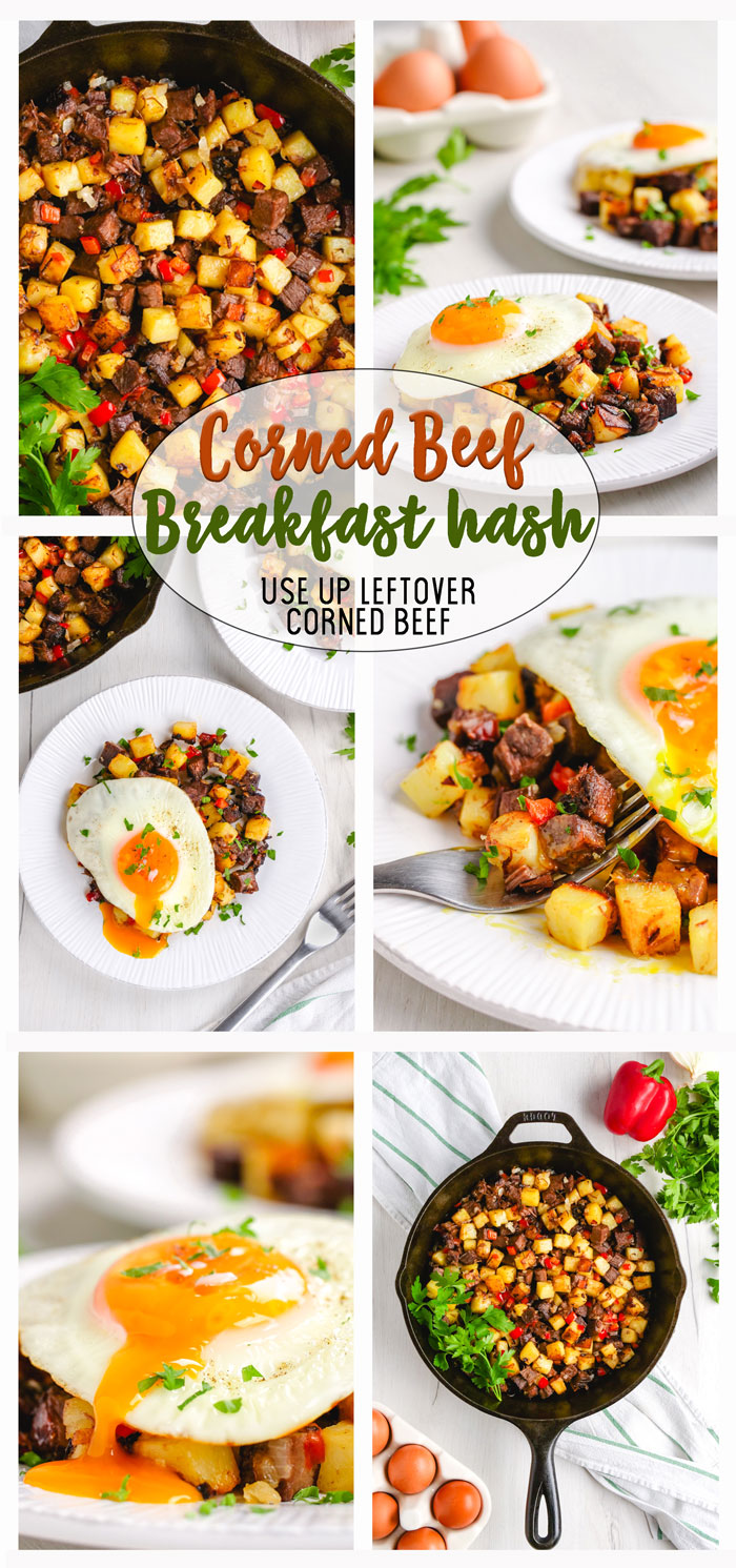 Corned Beef Hash- A composite photo with 6 different images of corned beef hash