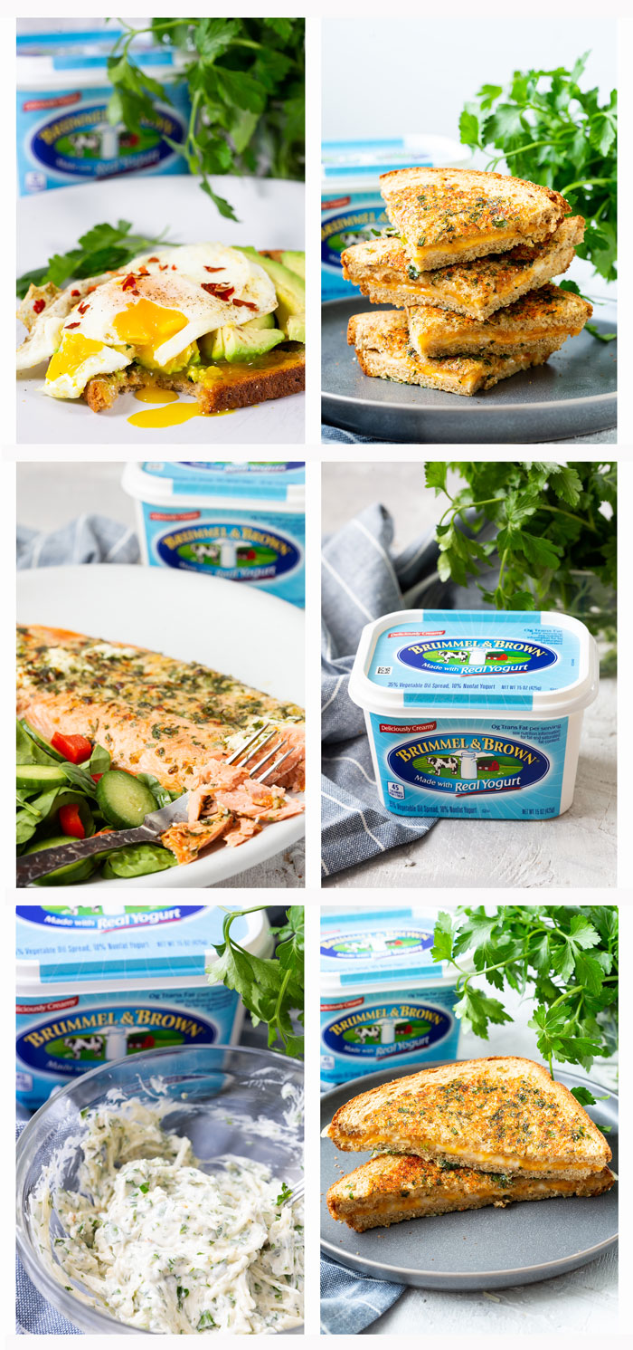 A collage of photos of garlic herb spread