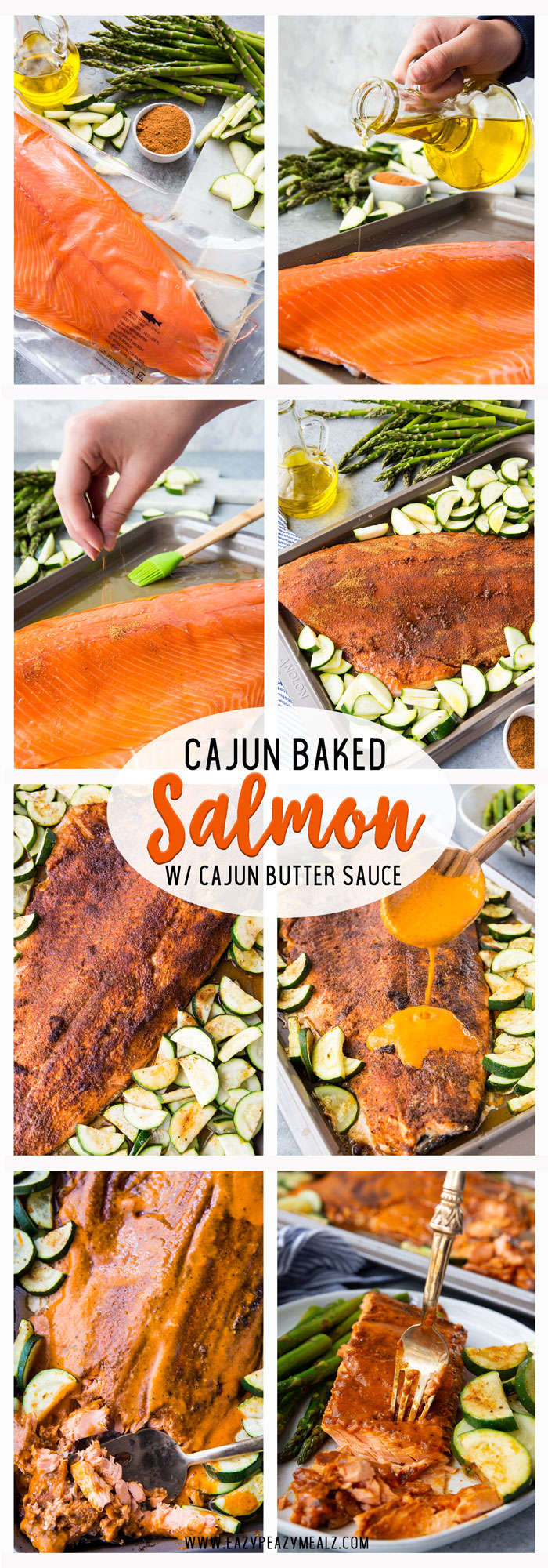 Cajun baked salmon with a cajun butter sauce, a complete sheet pan meal