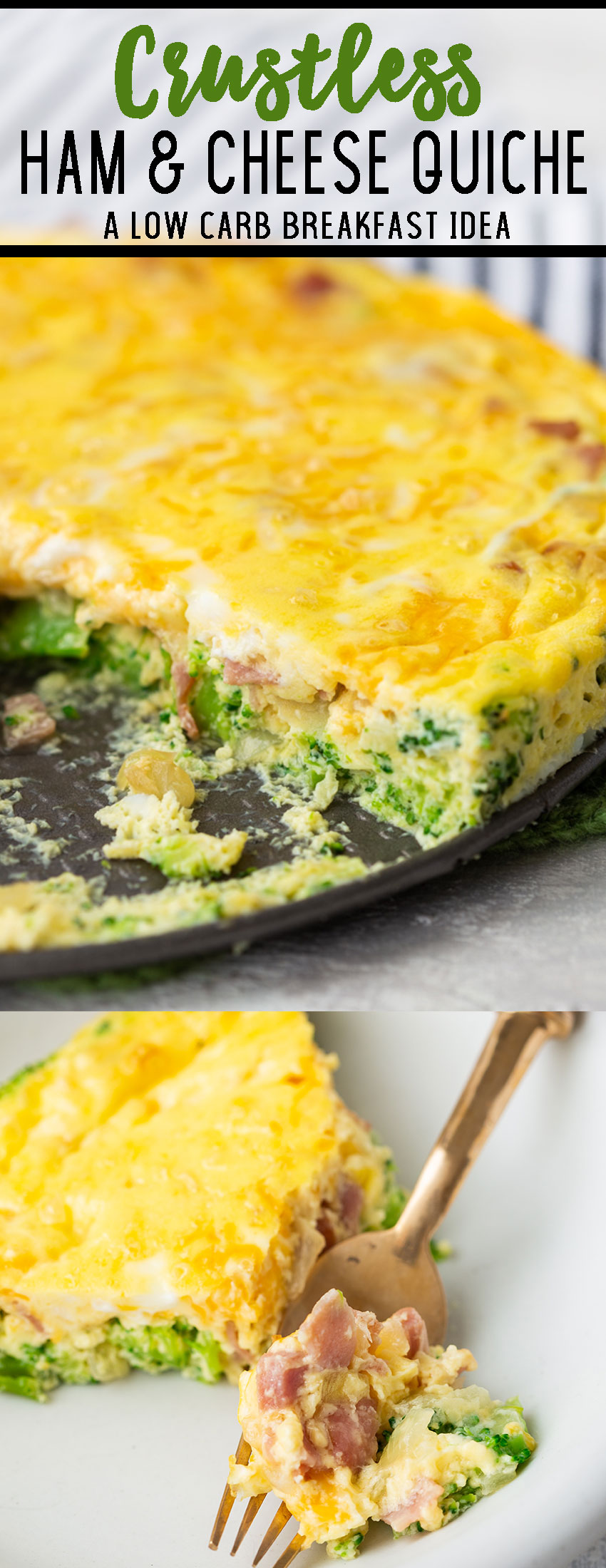 Ham broccoli and cheese in a crustless quiche, great for low carb or keto