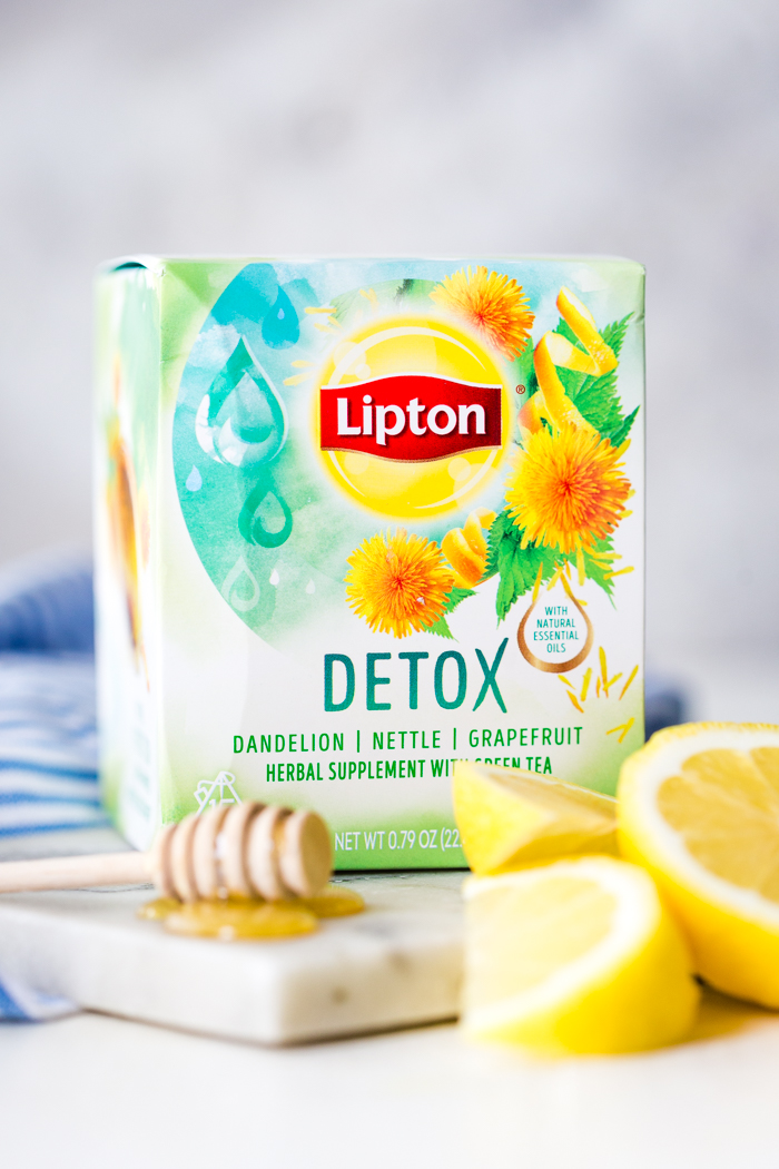 A package of Lipton Herbal Detox tea with honey and lemon