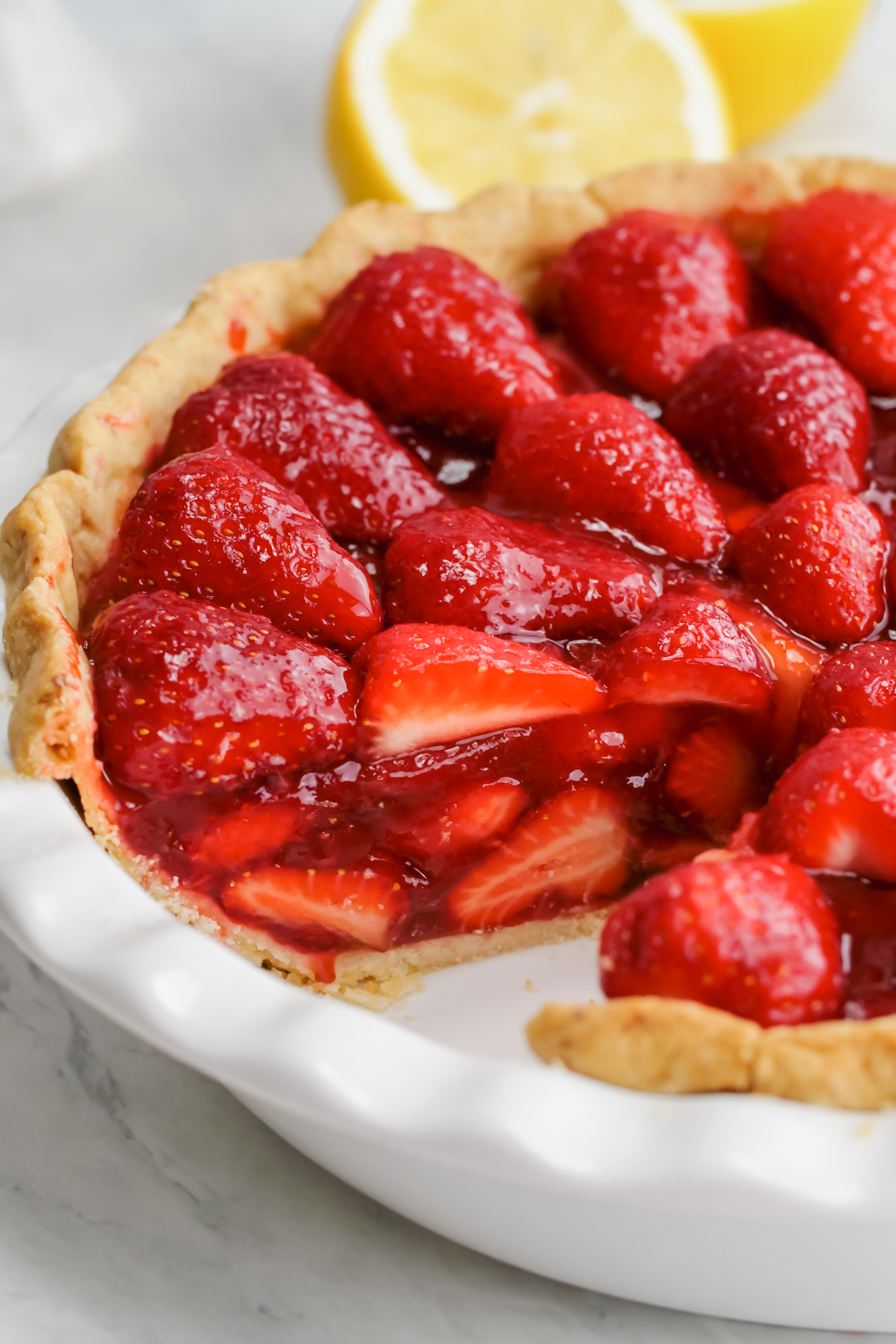 A close up shot of the filling for strawberry pie