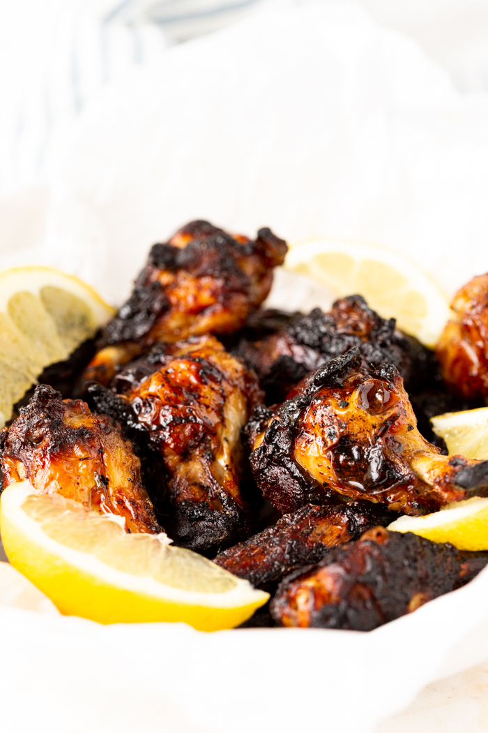 A basket of marinated chicken wings after being cooked