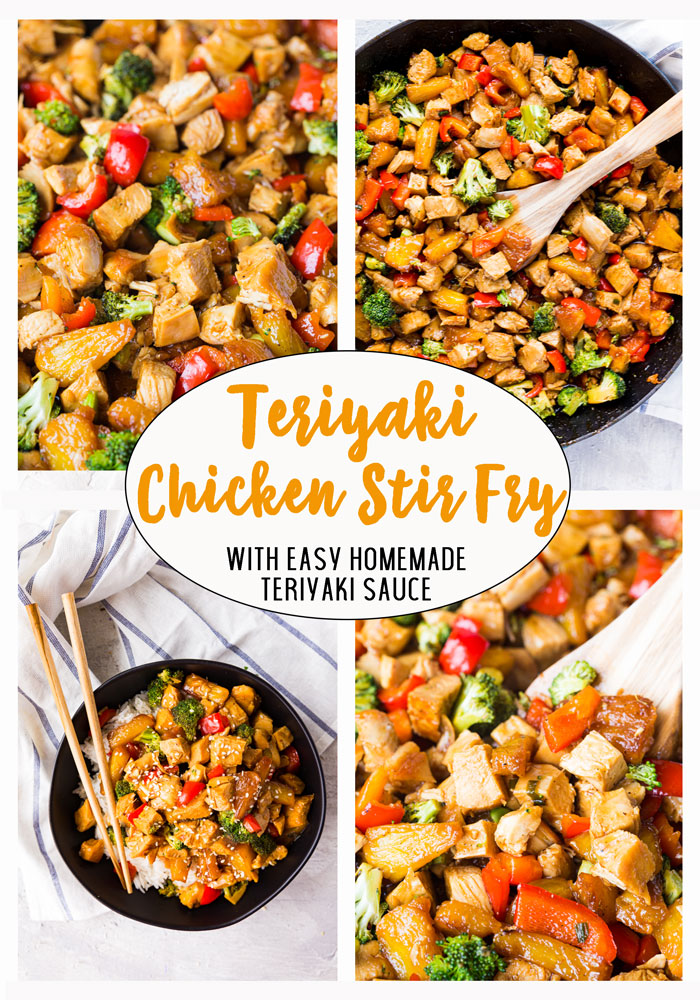 a grid of 4 photos of teriyaki chicken stir fry