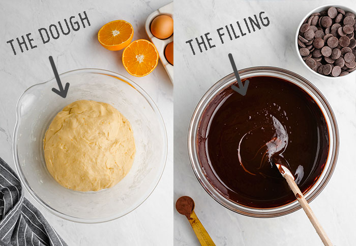 Two photos make up this image, one is a bowl with the babka dough, the other a bowl with the chocolate filling. There are oranges and chocolate on the sides
