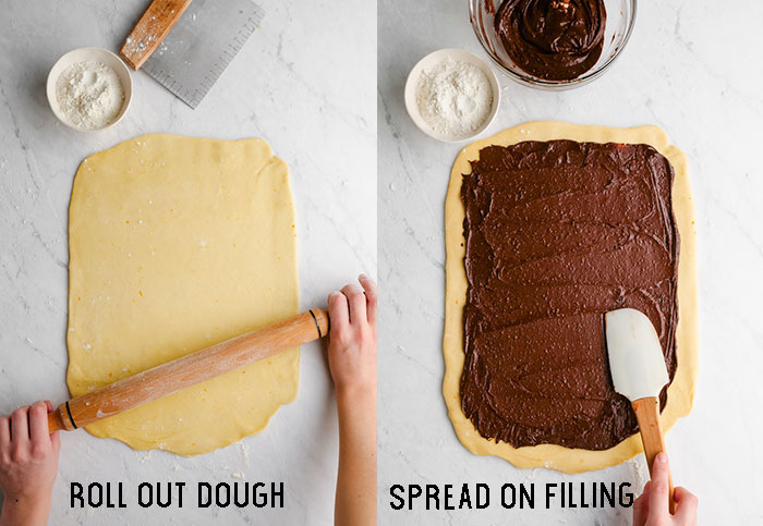 Two images, one with dough rolled out and a rolling pan and hands rolling it. The other spreading a chocolate filling over the rolled out dough. 