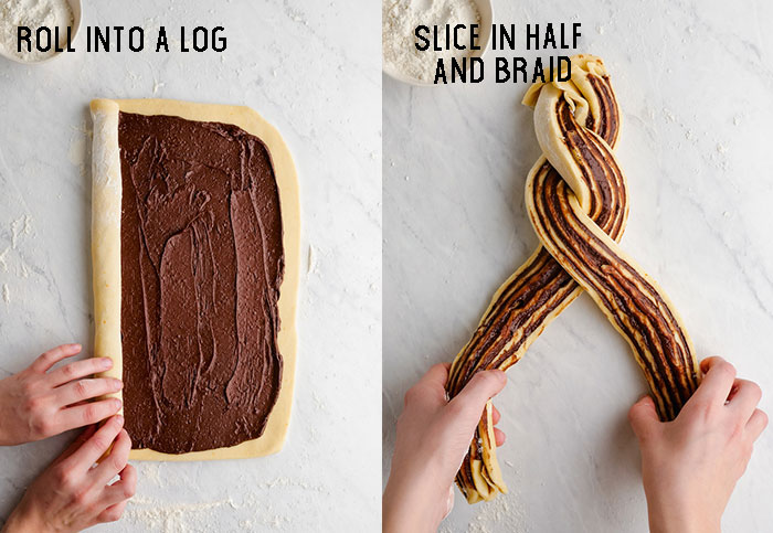 Two images combined, one rolling the log of chocolate babka, and the other showing braiding to two pieces of the log together to form a loaf. 