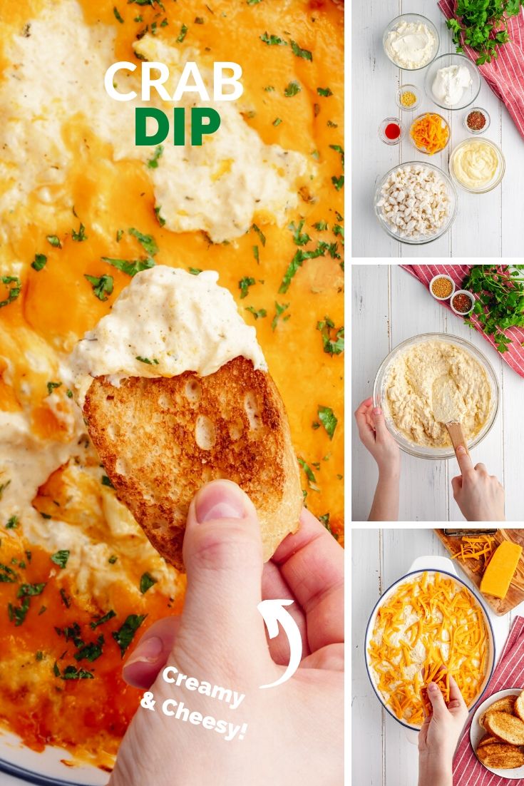 A collage photo of creamy crab dip