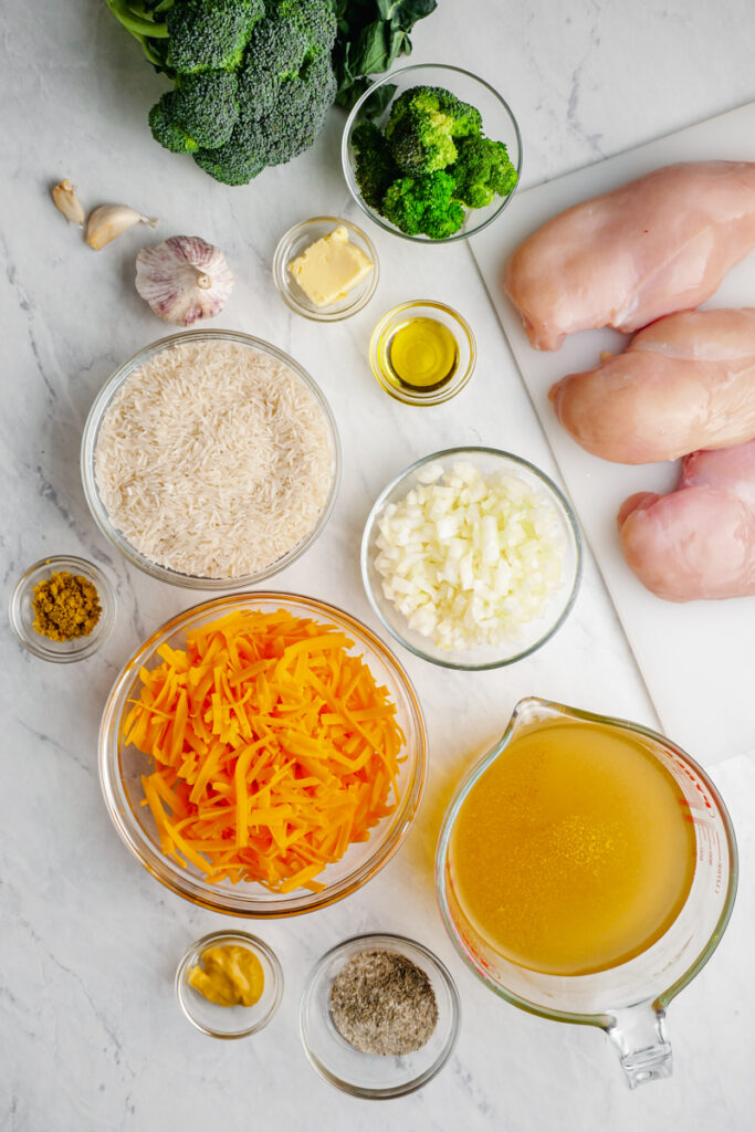 All the ingredients for broccoli chicken and rice in the instant pot