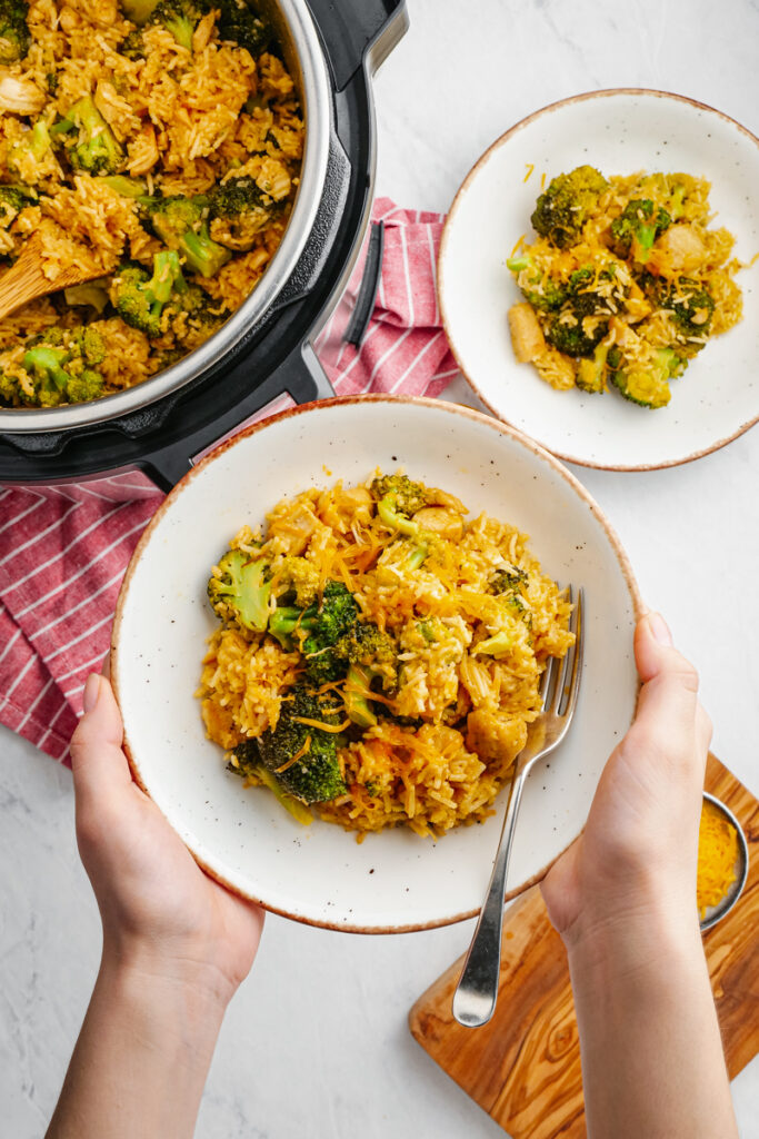 A plate of instant pot broccoli chicken and rice casserole made in the instant pot