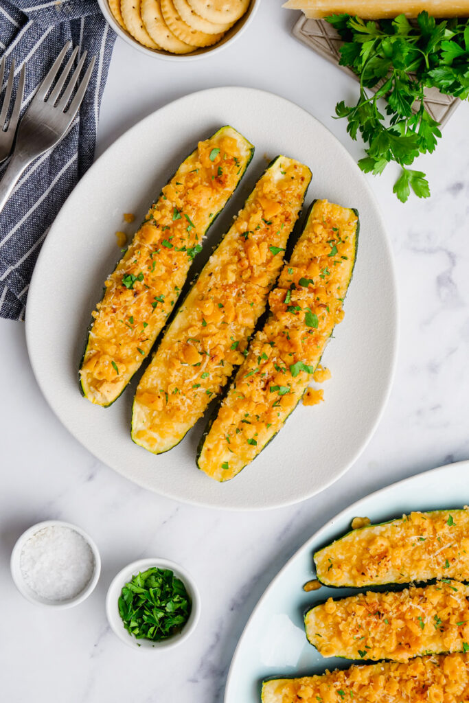 An overhead photo of zucchini made into an easy zucchini casserole. 