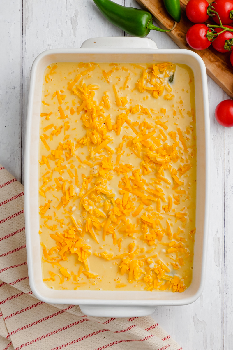 Egg mixture on top of chiles relleno