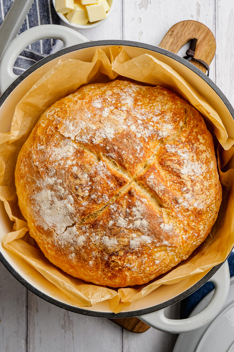 A dutch oven with beer bread