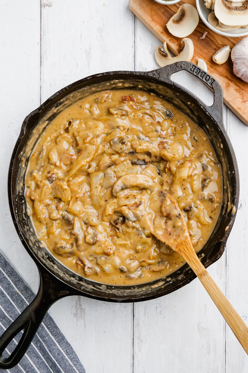 Crock pot pork chop sauce, being made in a lodge skillet