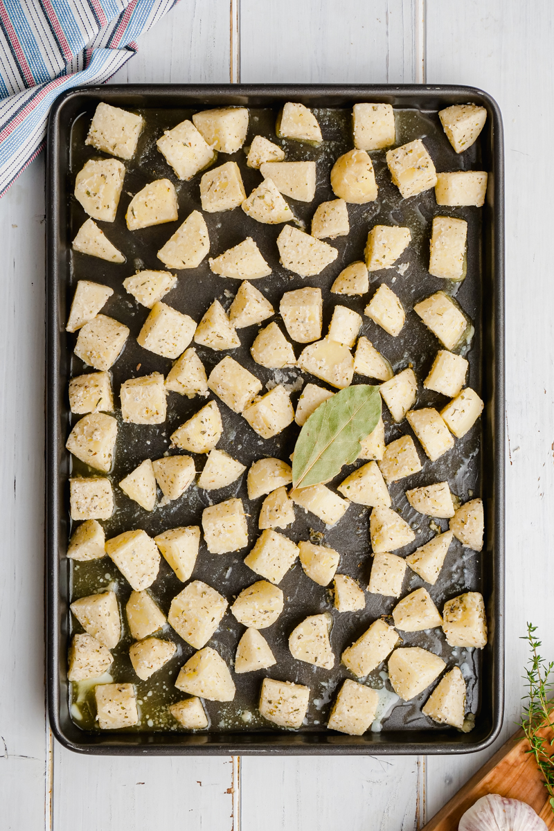 Potatoes on a prepared baking sheet